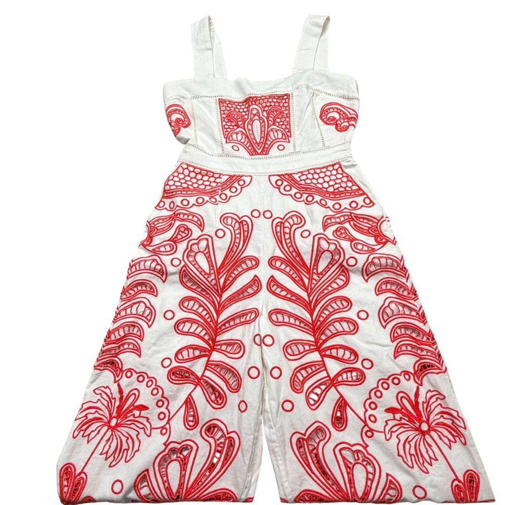 NEW Karen Millen Womens Red Floral Cut Out Linen Wide Leg Jumpsuit Size 4